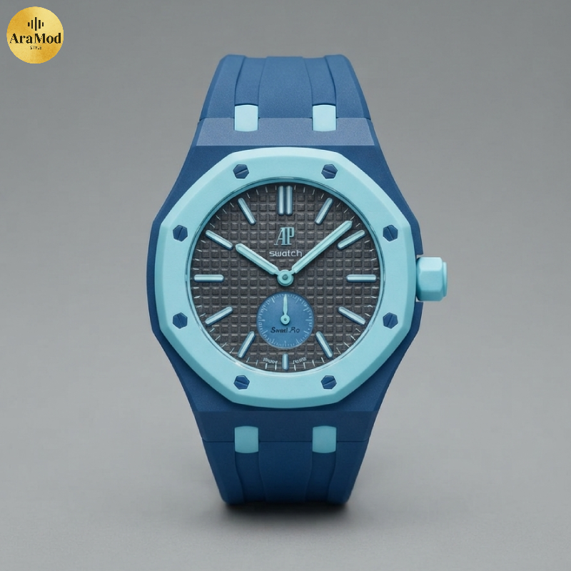ساعت AP x Swatch Royal Pop بابند مچی رنگ آبی کمرنگ