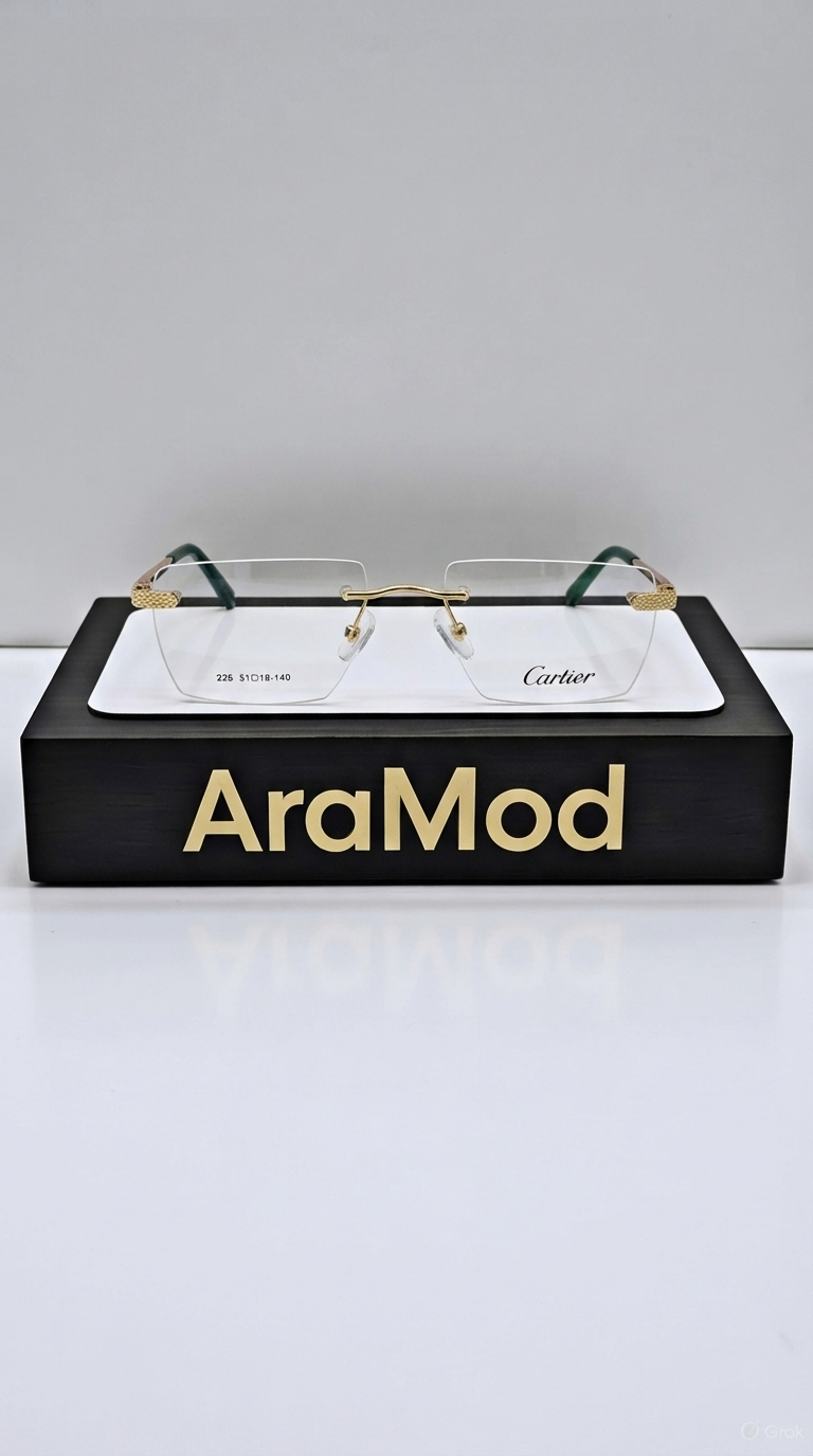 عینک کارتیه بدون فریم طلایی قهوه‌ای مدل AM38042 سایز ۵۱-۱۷-۱۴۰